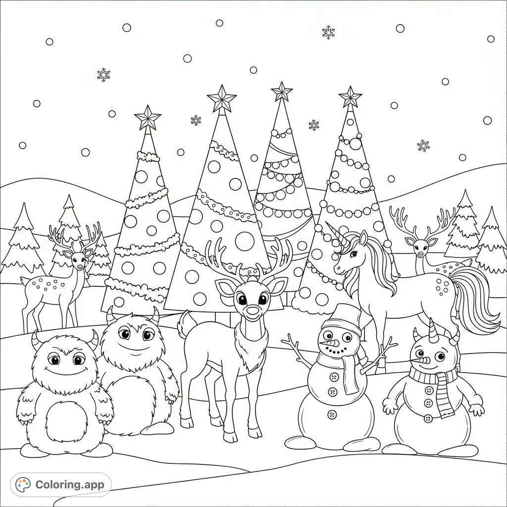 Immerse yourself in a magical winter scene with Rudolph, snow monsters, snowmen, Christmas trees, a unicorn, and deer, perfect for holiday coloring fun.