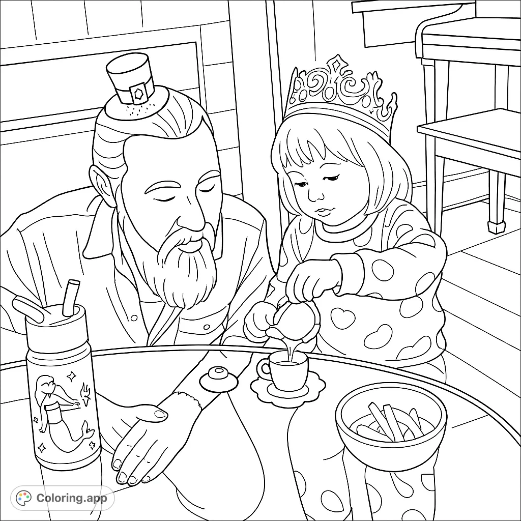 Join a delightful tea party scene with a child in a crown and a man wearing a whimsical hat, sharing a special moment over toy dishes and snacks.
