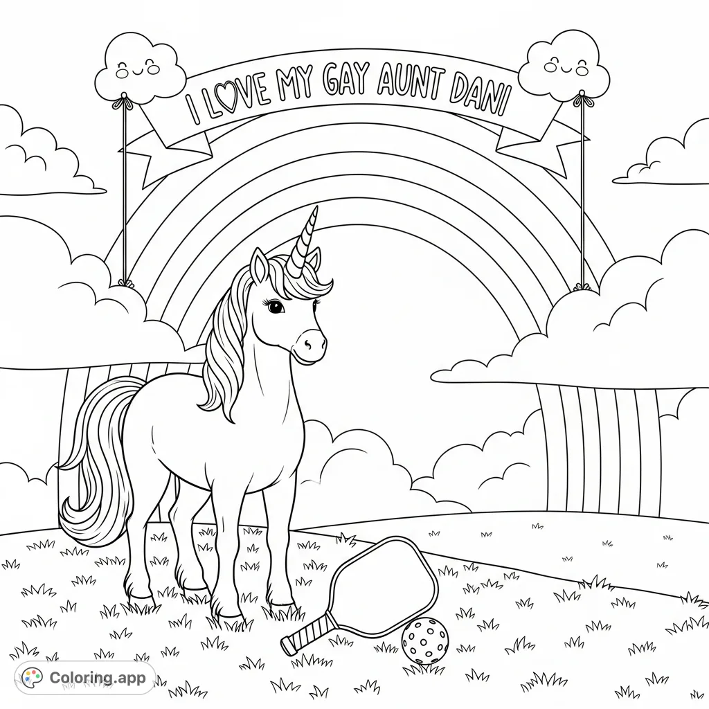 A delightful unicorn, rainbow, and pickleball scene featuring a special message for Aunt Dani. Perfect for expressing love and creativity.