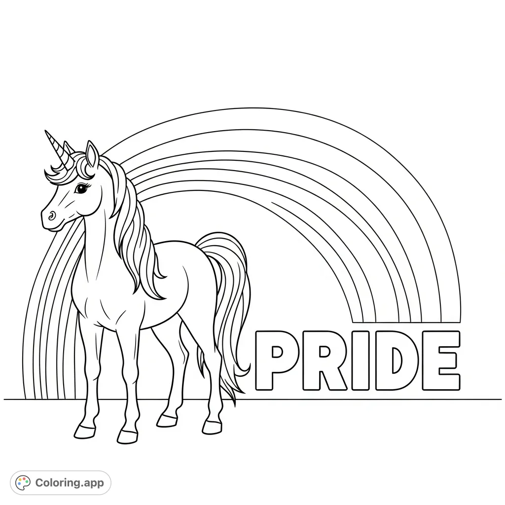 A simple, friendly unicorn stands beneath a sweeping rainbow, with the bold word "PRIDE." Celebrate love and inclusion with this uplifting design.