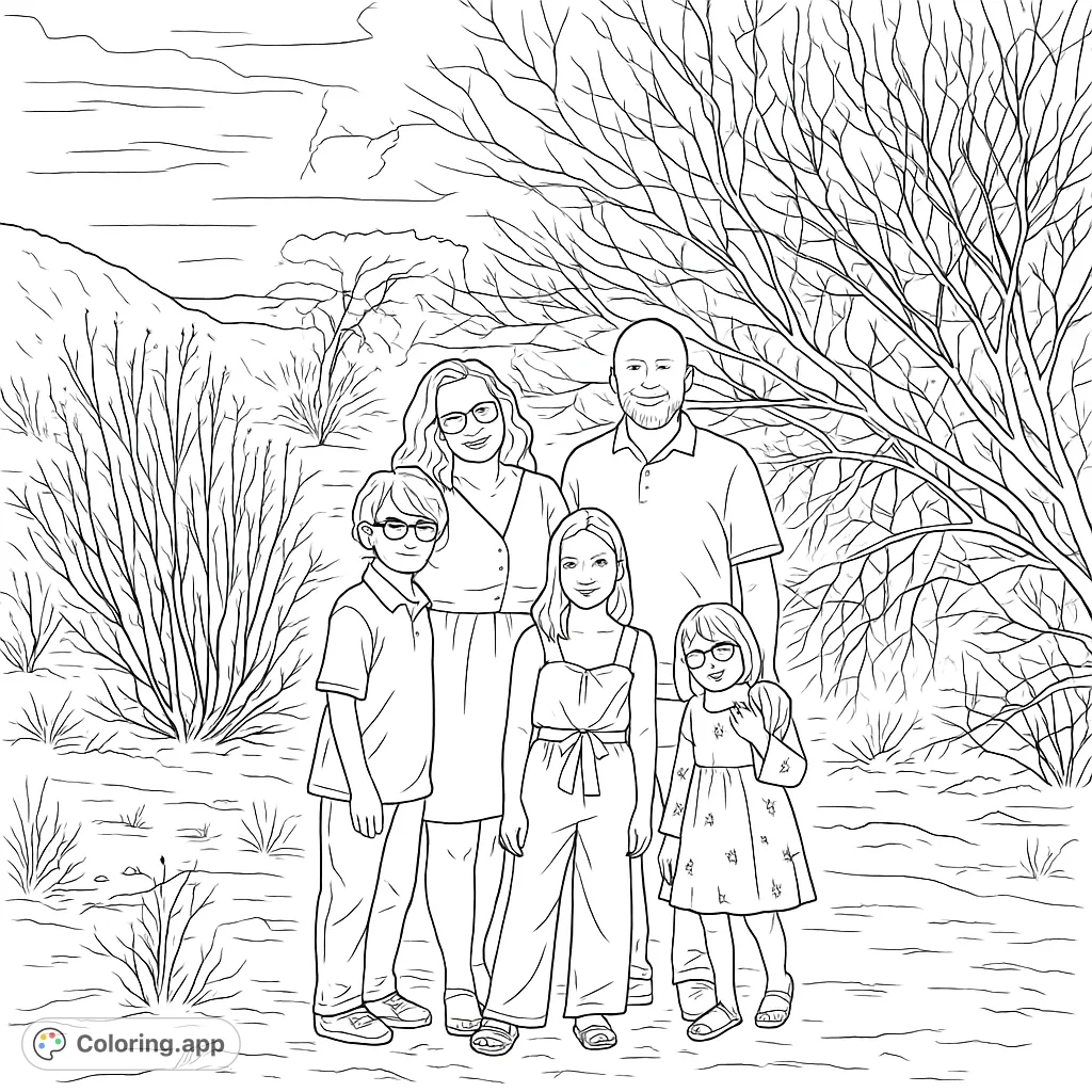 Capture a heartwarming family portrait set in a desert landscape. This detailed coloring page features parents and three children amidst natural scenery.