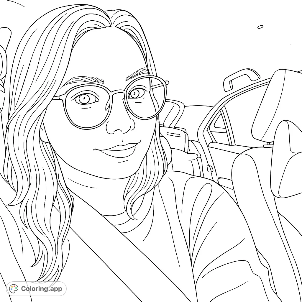 Capture a modern portrait of a woman in a car, featuring distinctive glasses and a seatbelt, perfect for personalizing with your artistic touch.