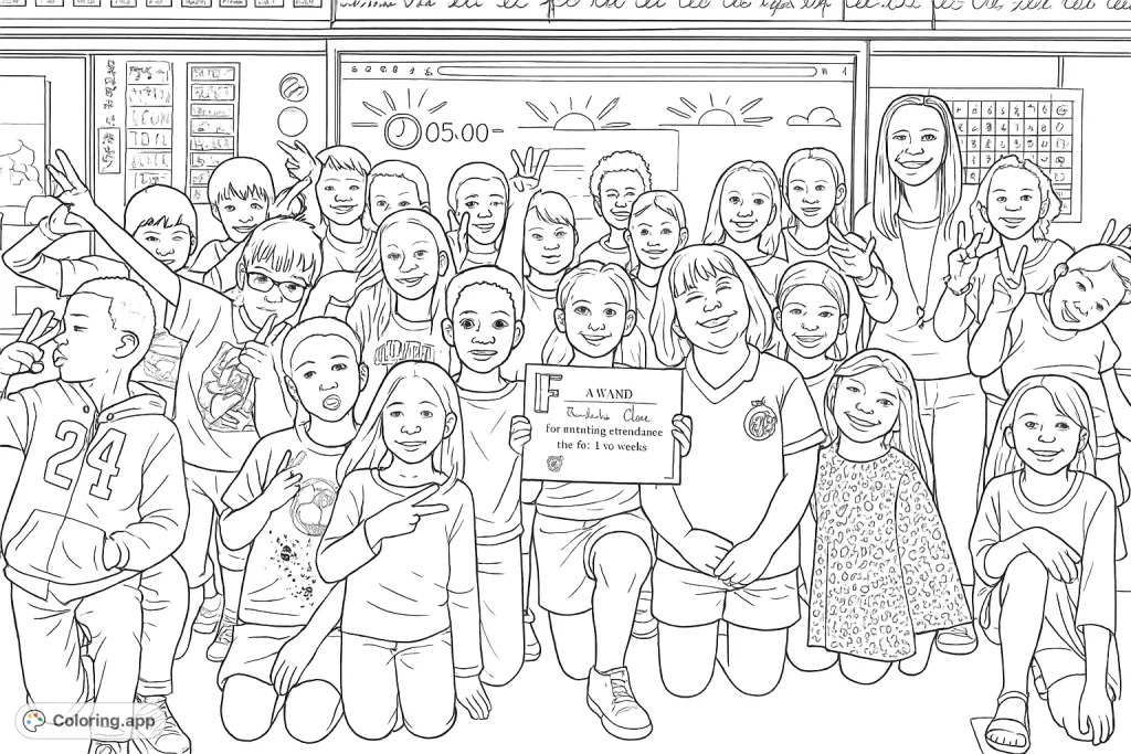 A lively classroom scene with a teacher and many smiling children celebrating an award, many making peace signs. A joyful group moment.