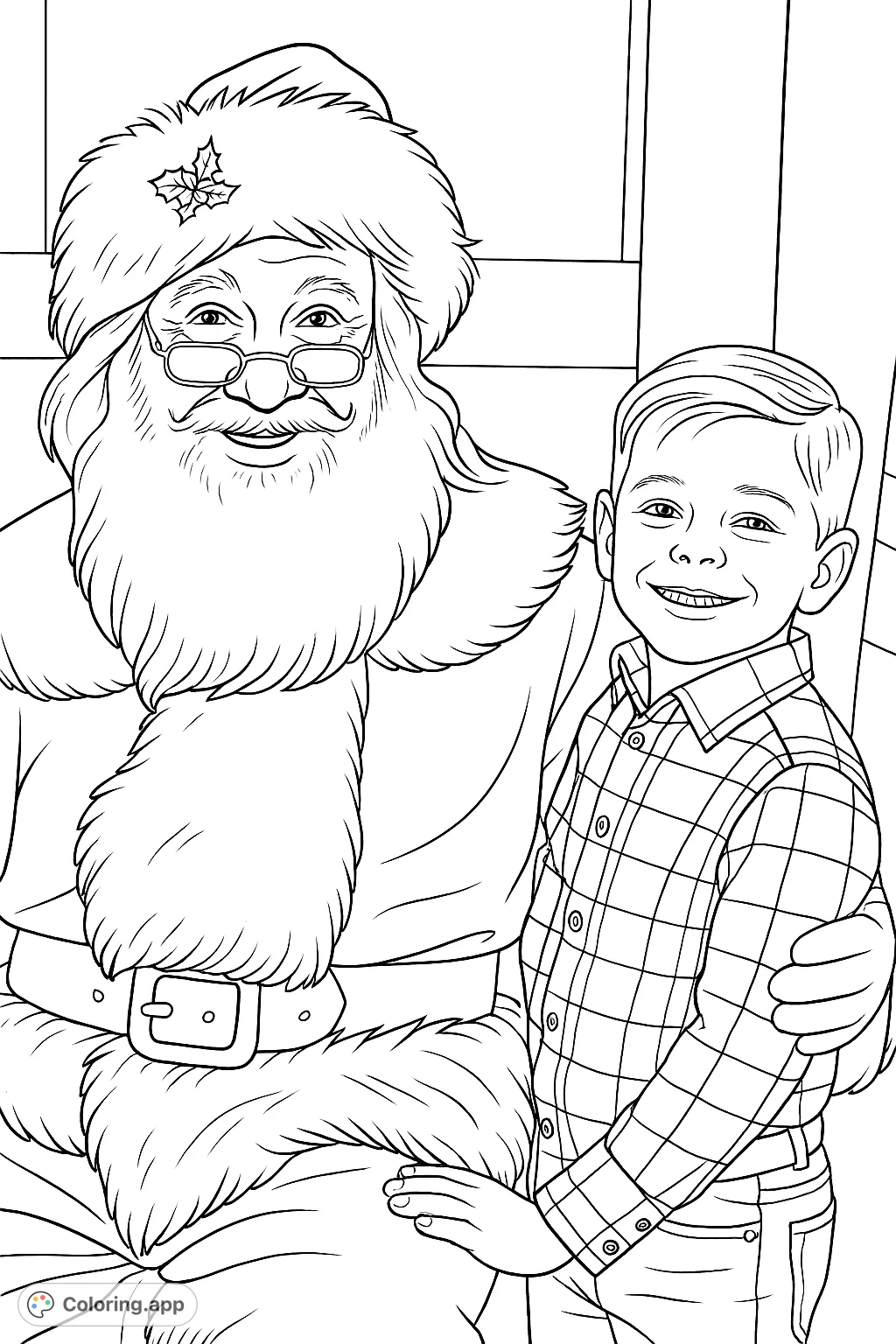 Capture the joy of the season with this heartwarming Santa and child coloring page. A smiling boy sits with a jolly Santa, ready for creative expression.