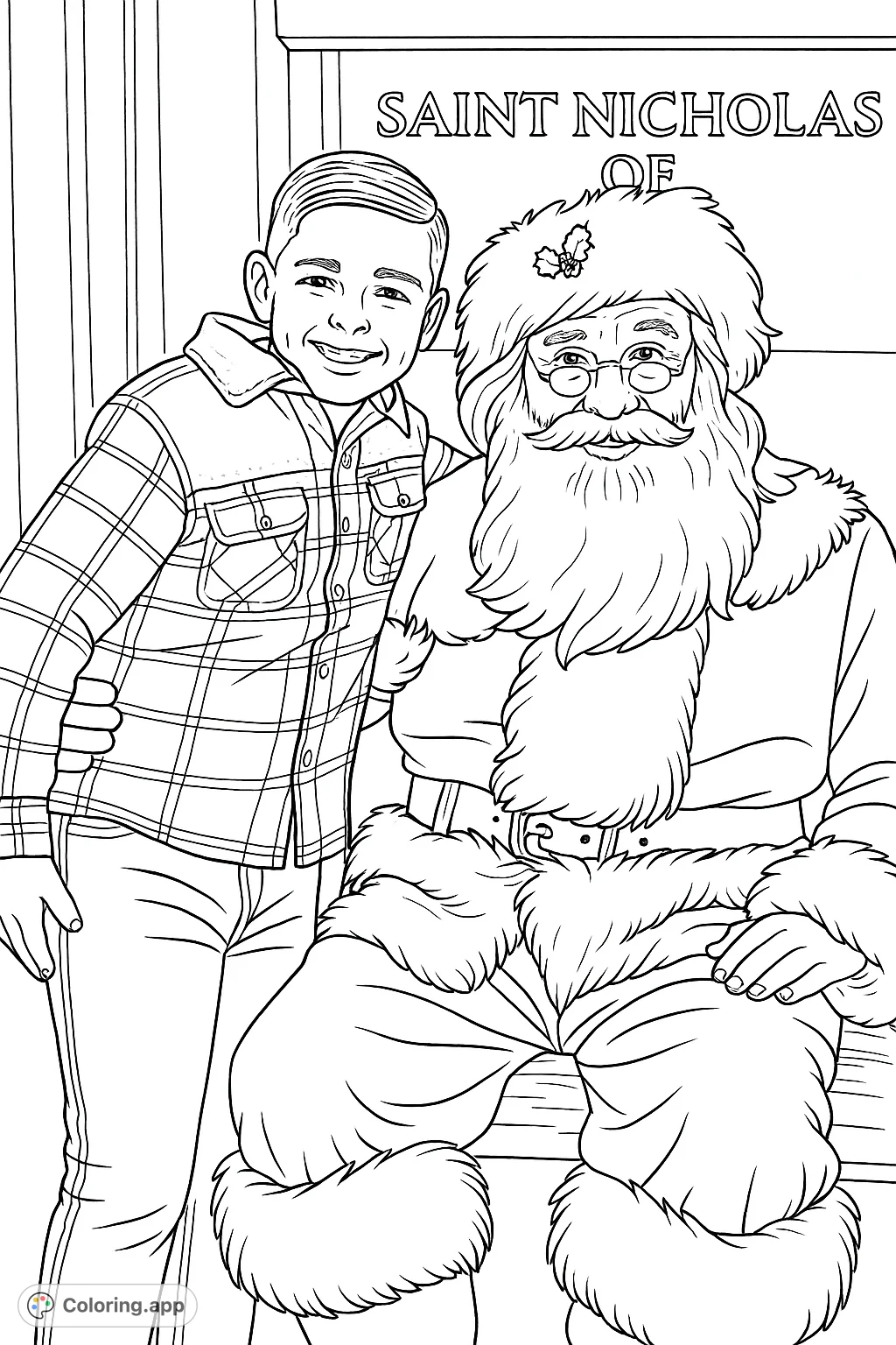 A heartwarming scene featuring a smiling boy with Santa Claus, ready for a festive coloring adventure. Perfect for holiday cheer!