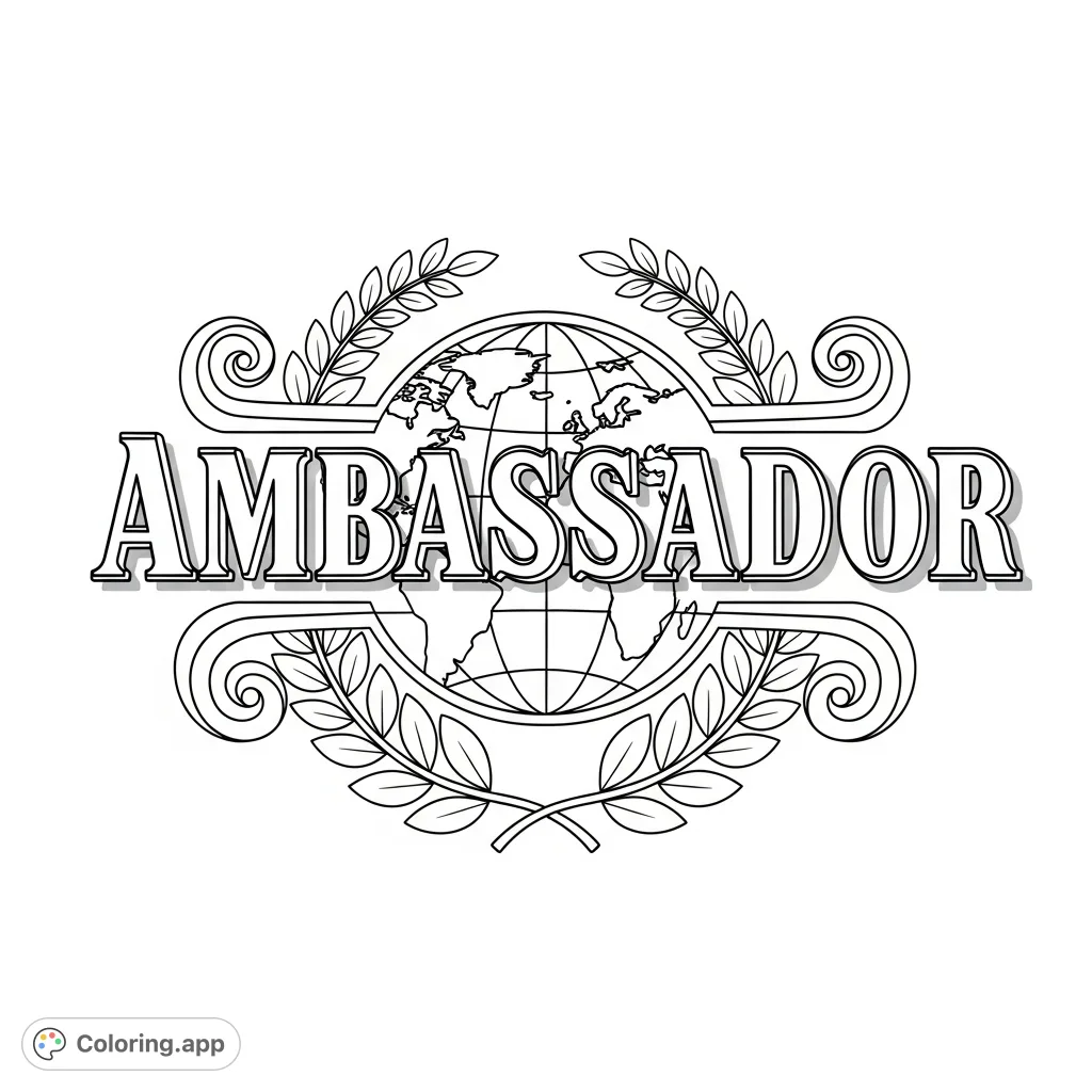 An elegant coloring page featuring the prominent word 'Ambassador' surrounded by sophisticated scrollwork, laurel branches, and a subtle globe motif.