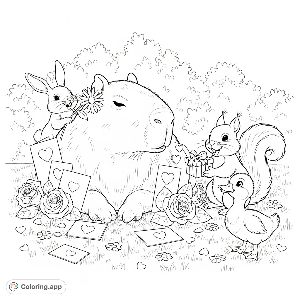 Color a heartwarming scene featuring a peaceful capybara surrounded by friendly forest creatures, heart-shaped cards, and blooming flowers.