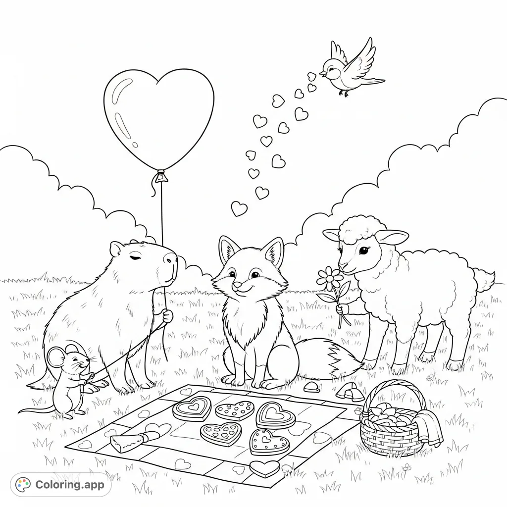 An adorable capybara, fox, lamb, mouse, and bird prepare for a charming Valentine's Day celebration in a sunny meadow filled with hearts and flowers.