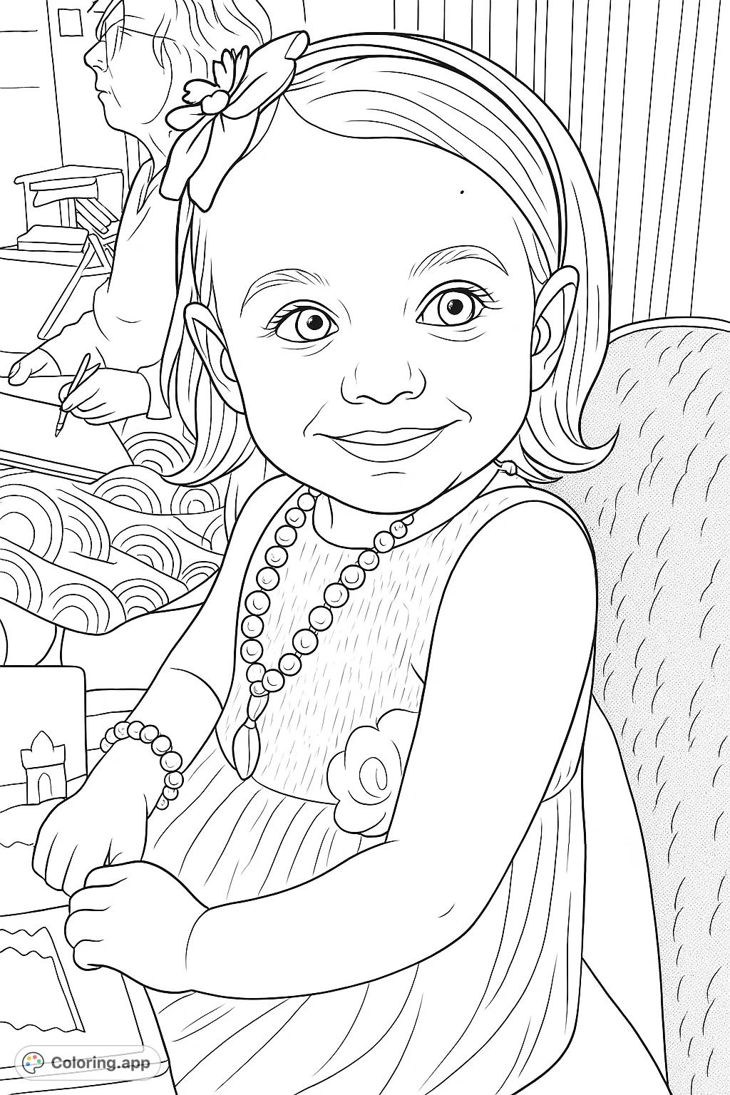 Capture the sweet charm of a smiling young girl adorned with a detailed flower headband and beaded jewelry. Perfect for expressive coloring!