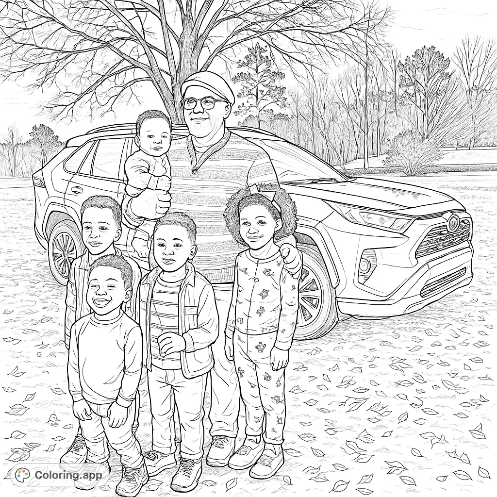 A heartwarming family portrait coloring page featuring an older man with a baby and four children, standing outdoors near an SUV and a large tree.
