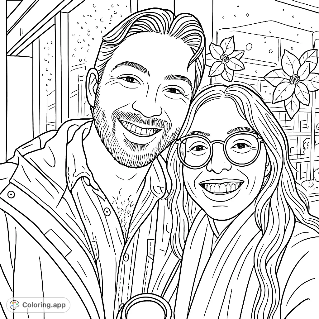 Capture the joy of connection with this detailed couple portrait coloring page, featuring two smiling individuals against a decorative storefront background.
