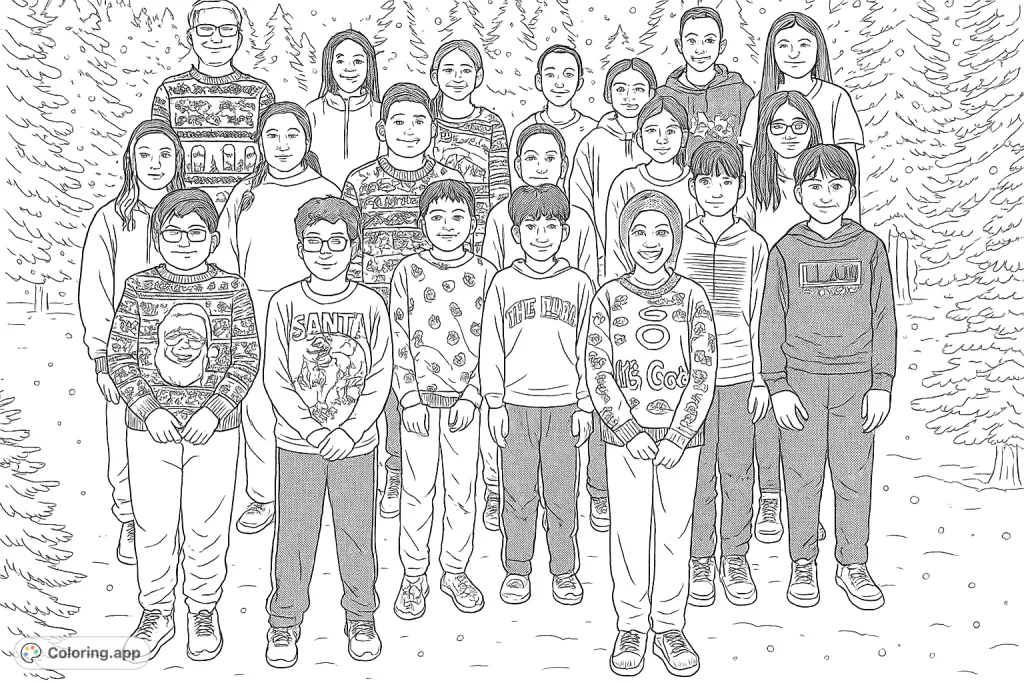 A joyful group of children in festive winter attire poses against a snowy forest backdrop, ready for coloring. Features diverse patterns for a creative holiday challenge.