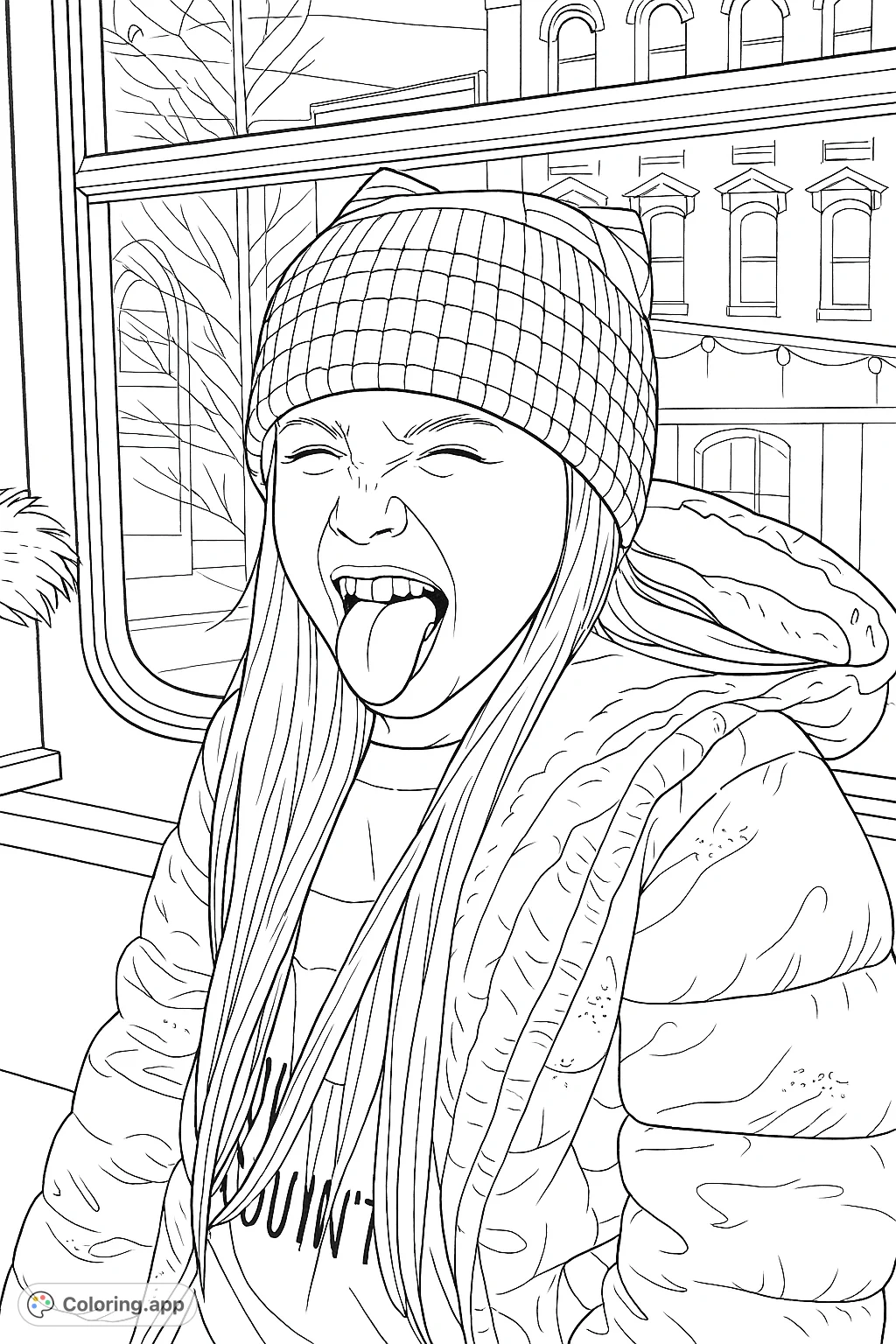 Capture a cheerful young girl in a cozy beanie and patterned jacket, making a playful face. A fun winter or holiday-themed coloring page for kids and families.