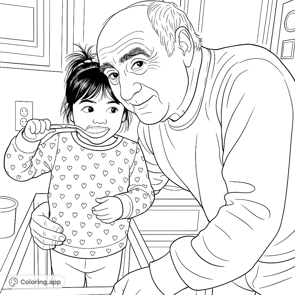 A heartwarming scene of a grandparent and child sharing a playful moment in the kitchen. Perfect for family-themed coloring fun and cherished memories.