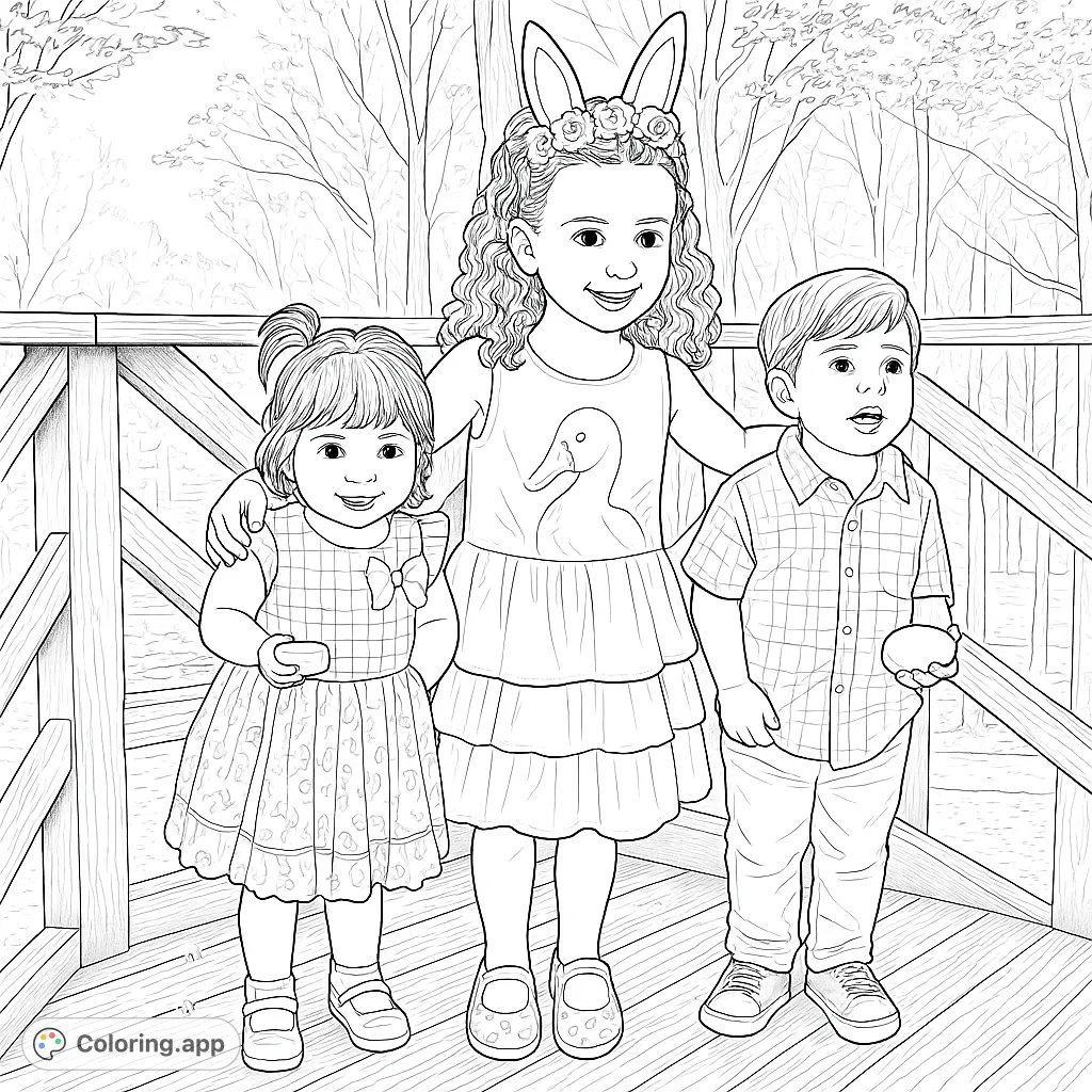 Three joyful children, one wearing a unicorn headband, stand on a rustic wooden deck amidst spring foliage, perfect for a cheerful coloring adventure.