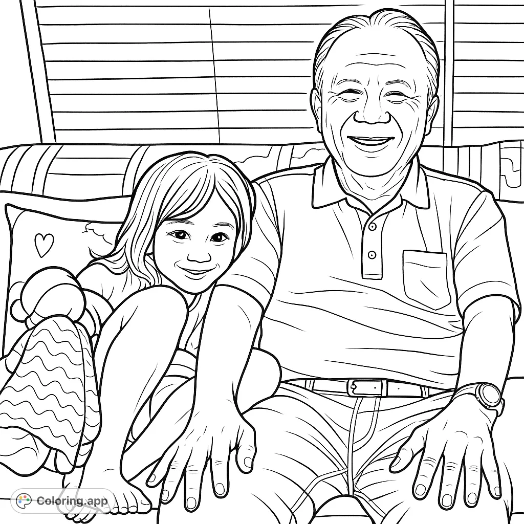 A heartwarming scene of a man and a young child sharing a joyful moment on a couch, perfect for coloring and celebrating family bonds.