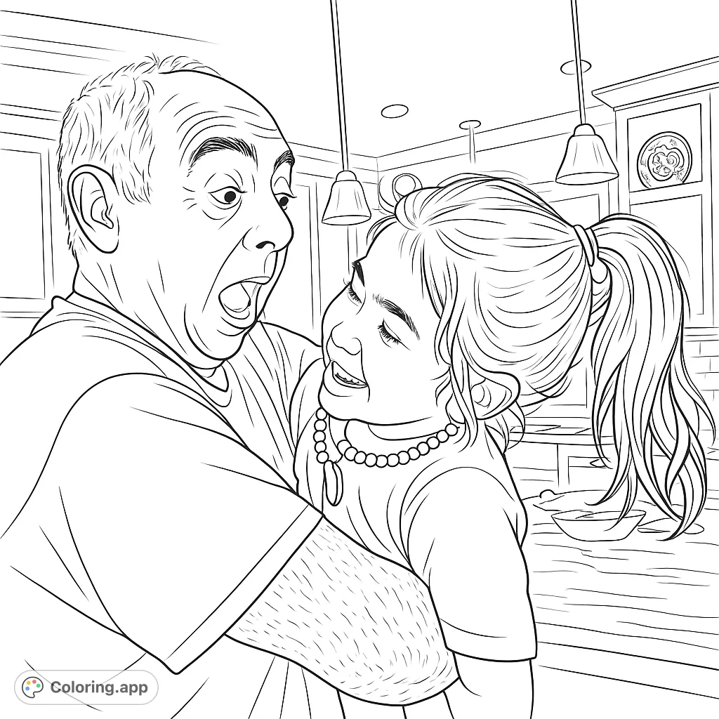 Capture the heartwarming bond between a grandparent and grandchild in a playful moment. This delightful scene features expressive faces and a cozy kitchen setting.
