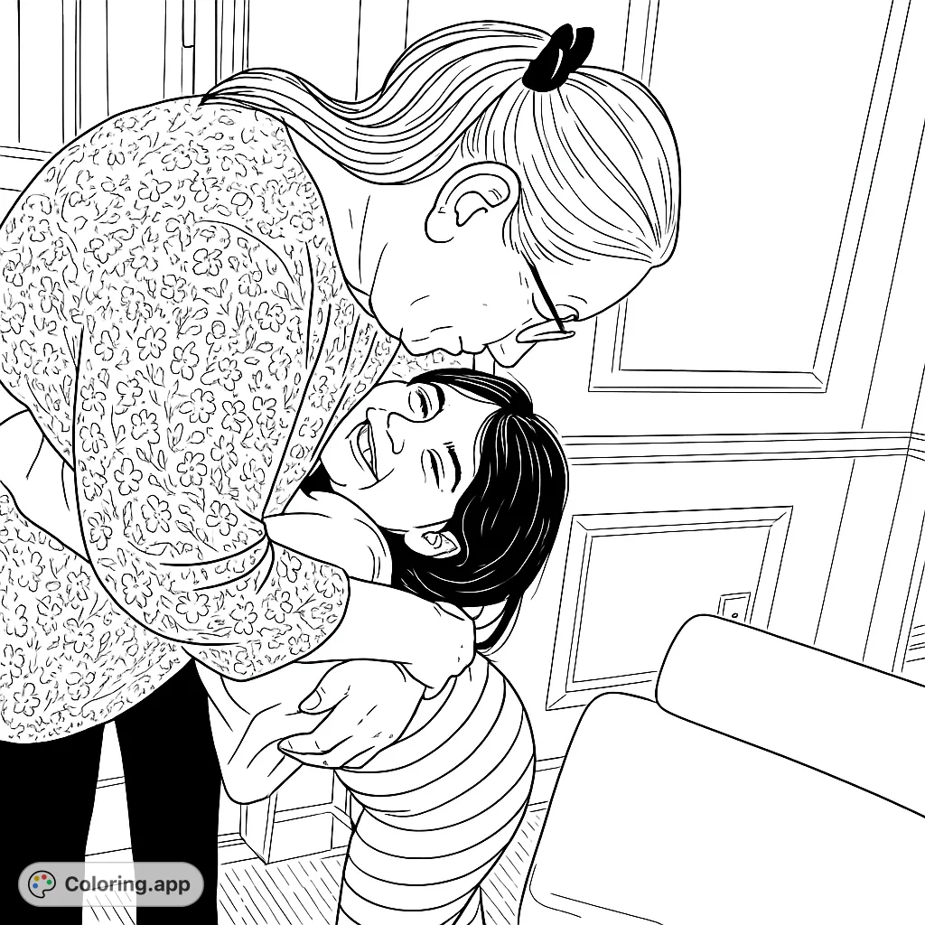 A heartwarming scene of an adult embracing a child, filled with joy and affection. Features a patterned top and striped leggings, set in a cozy home environment.