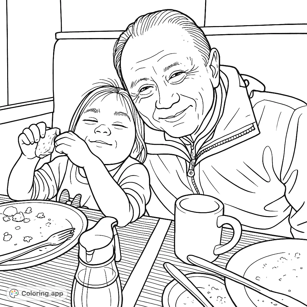 Capture a heartwarming family moment with an adult and child enjoying a meal at a restaurant. A delightful scene of shared food and playful expressions.