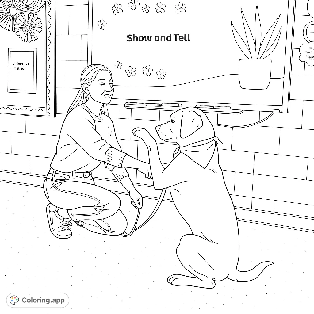 A heartwarming show and tell scene with a person and a friendly dog exchanging a paw shake in a classroom setting. Perfect for all ages.