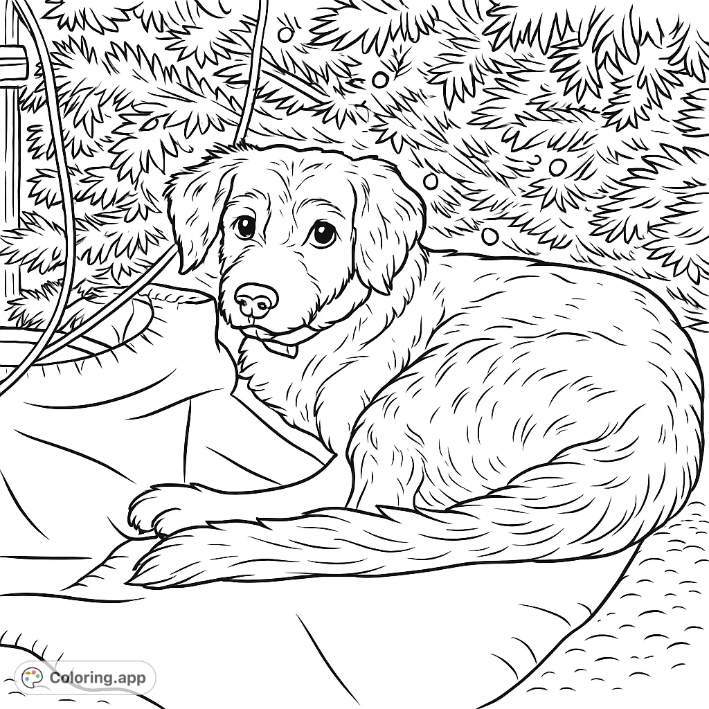 A lovable dog comfortably resting under a festive tree adorned with numerous small lights and a soft blanket. Perfect for a cozy holiday coloring experience.