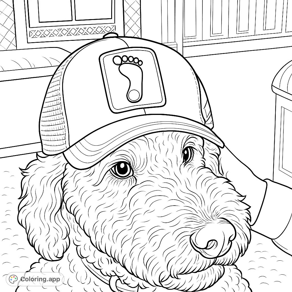A delightful coloring page featuring a fluffy dog wearing a stylish cap with a unique footprint patch. Perfect for animal lovers and those who enjoy whimsical designs!