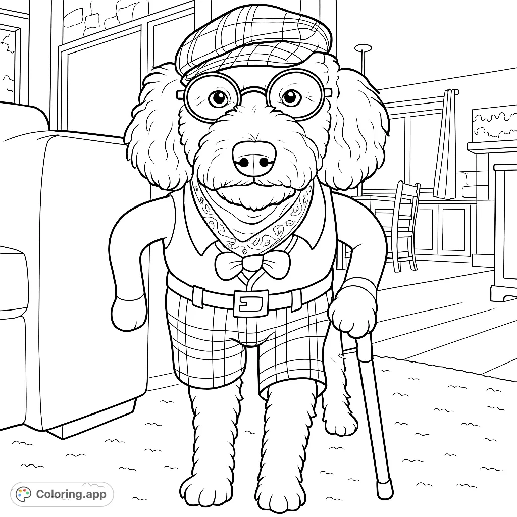 A charming shaggy canine dressed in a distinctive costume featuring a plaid cap, round spectacles, a vest, bow tie, and holding a walking stick, ready for adventure.