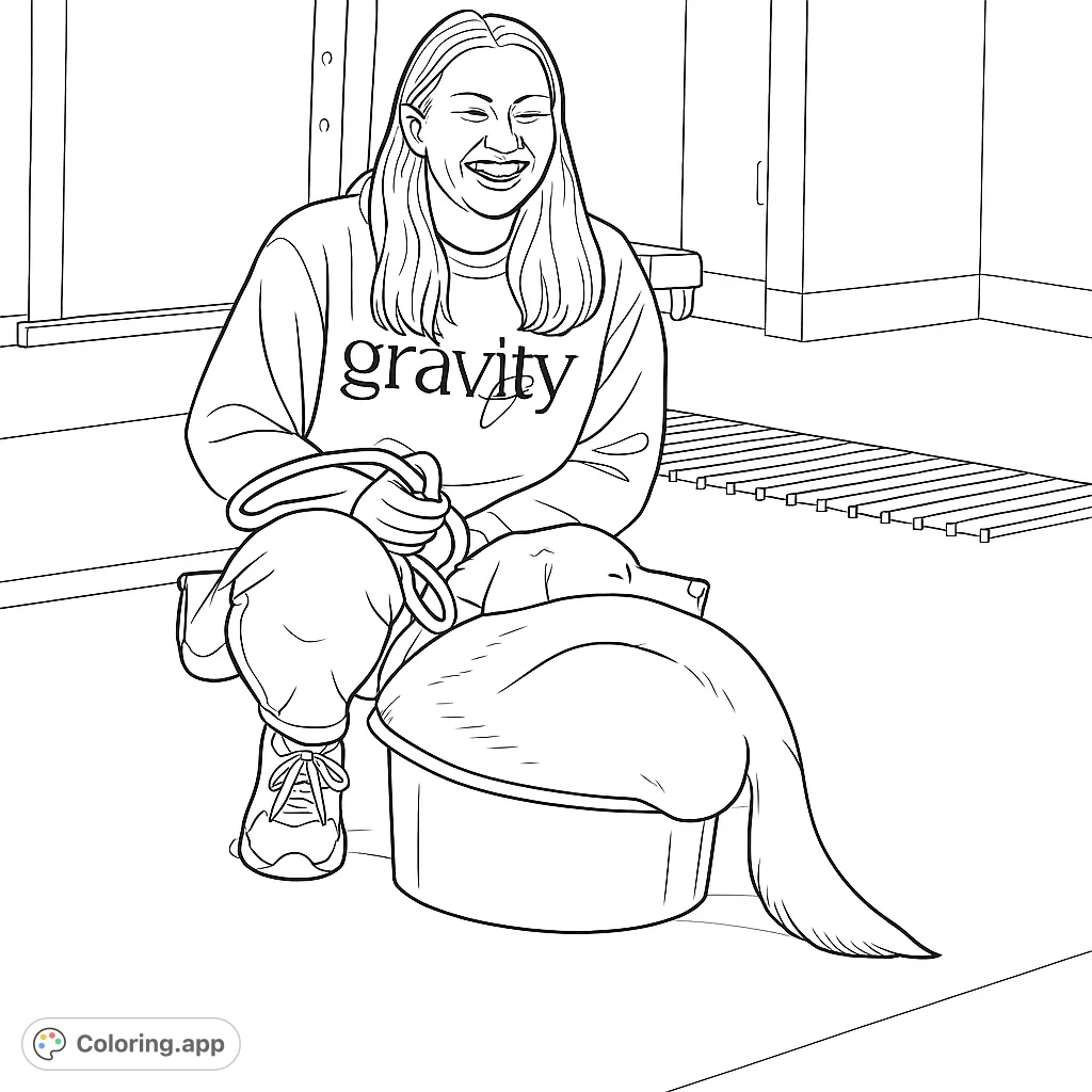 A heartwarming scene featuring a smiling person crouching beside a playful dog nestled in a tub, ready for a fun coloring session. Perfect for pet lovers!