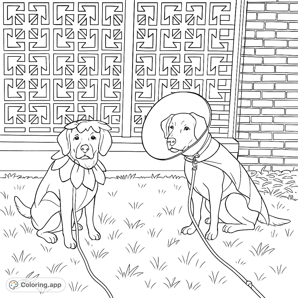 Two adorable dogs in fun costumes, one as a flower and the other with wings, pose on grass. Perfect for a delightful coloring experience.