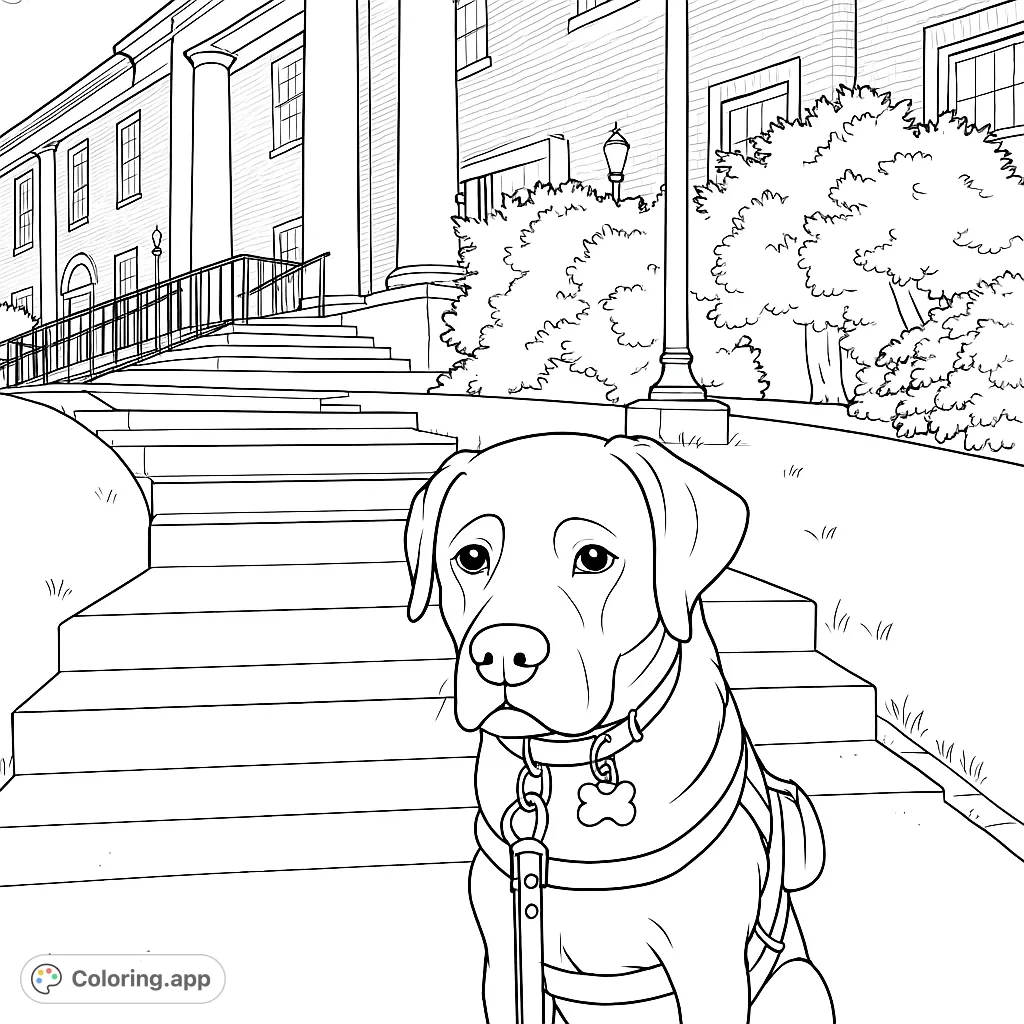 A charming labrador puppy sits patiently on a grand staircase leading to an impressive columned building, surrounded by lush greenery and architectural details.