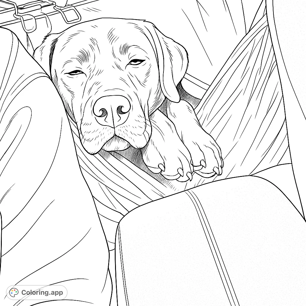 A heartwarming coloring page featuring a sleepy dog nestled in a car hammock, perfect for pet lovers. Capture a moment of serene travel.