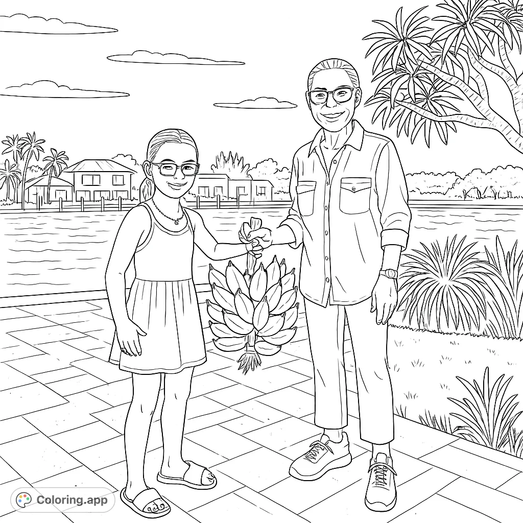 A delightful banana harvest scene featuring a girl and woman proudly holding a large fruit bunch by a serene waterway. Perfect for family and nature themes.