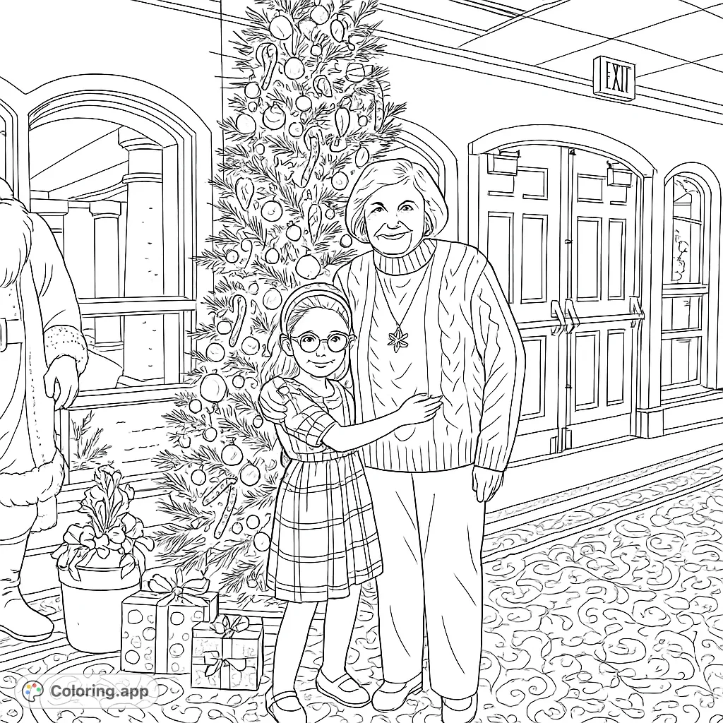 Capture a tender moment between an older woman and a young girl by a beautifully decorated festive tree, surrounded by presents. A heartwarming holiday scene awaits your creative touch.