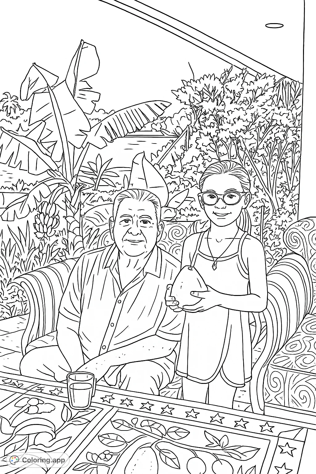 A heartwarming scene featuring a man and girl on a tropical patio, surrounded by lush foliage and water. Perfect for a relaxing and engaging coloring experience.