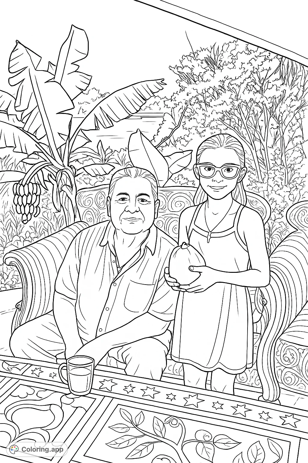 A heartwarming tropical scene featuring a grandfather and child, enjoying a moment together amidst lush foliage and a calm waterway. Perfect for all ages.