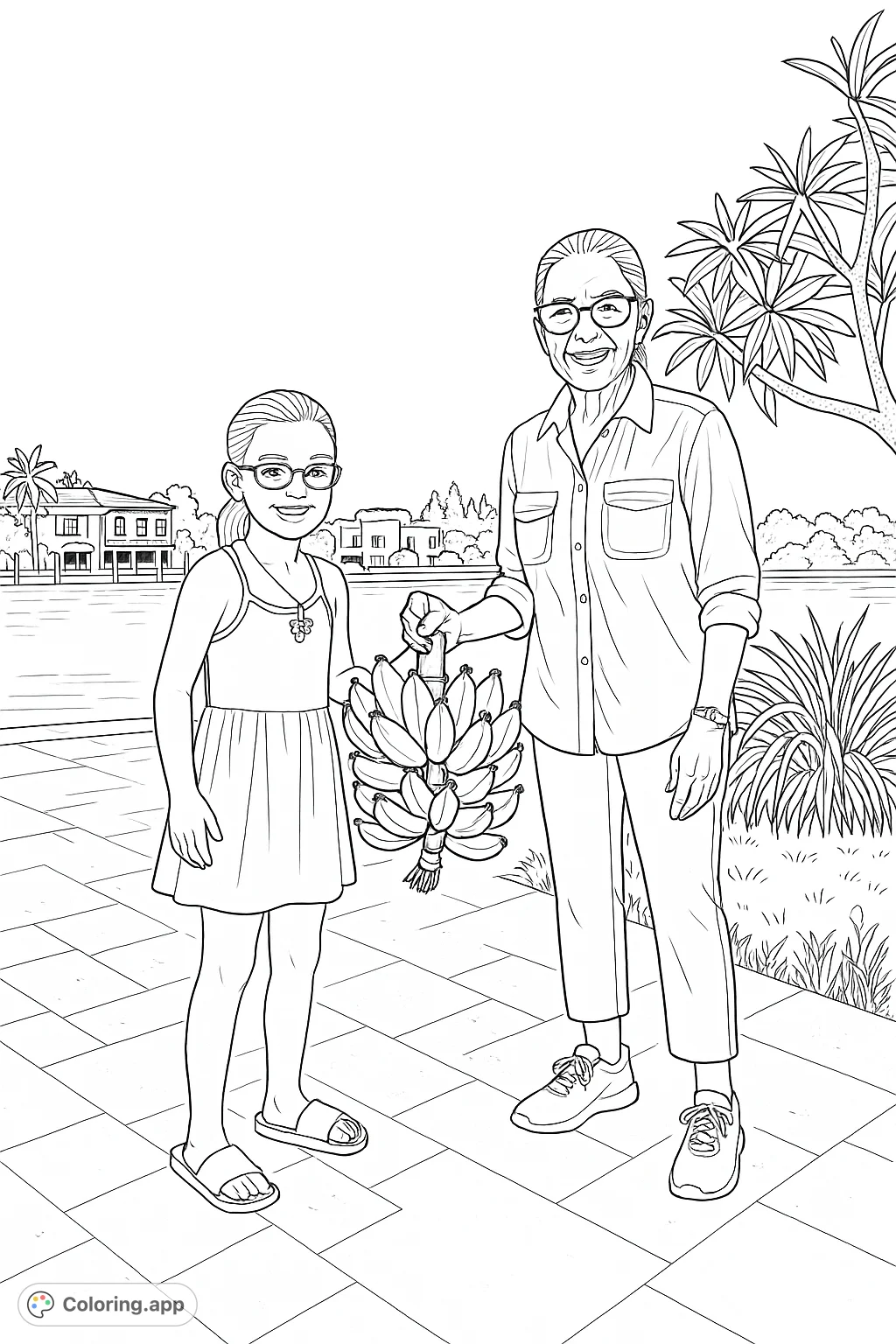 A heartwarming tropical harvest scene featuring a young girl and an older woman proudly holding a bunch of bananas by a serene waterfront, surrounded by lush plants.