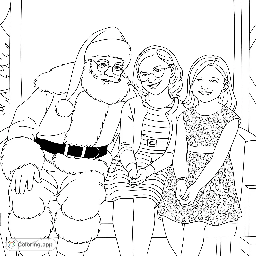 Capture the magic of the holidays with this charming Santa Claus coloring page, featuring Santa and two joyful children on a cozy sofa.