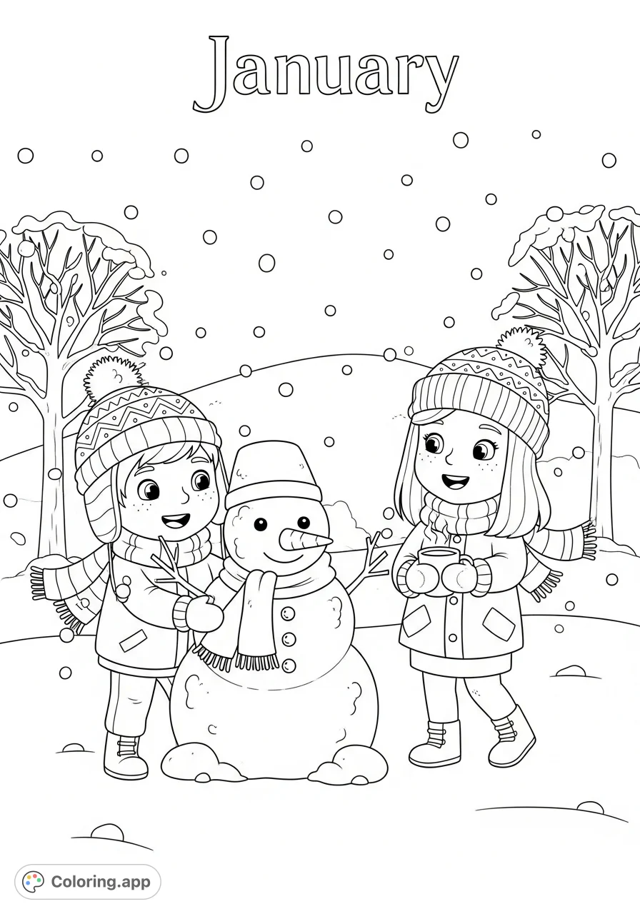 A delightful January coloring page showcasing cartoon kids Kyle and Saoirse building a snowman amidst a gentle snowfall. Perfect for winter creativity and family fun.