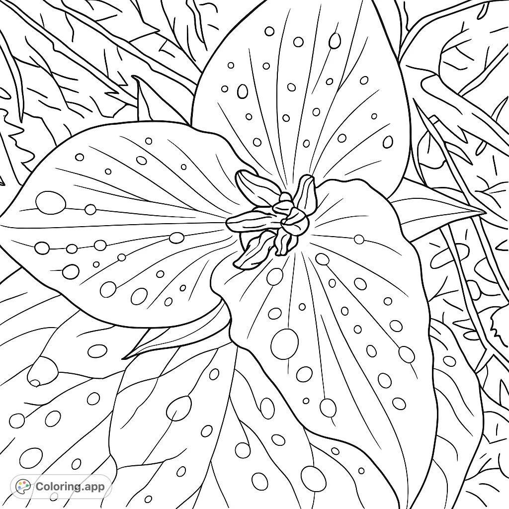 Capture the delicate beauty of a trillium flower, adorned with sparkling dewdrops and intricate botanical details. A serene nature coloring page.
