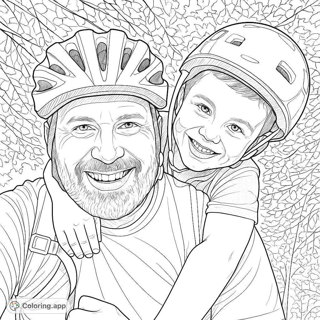 Capture a heartwarming moment of a father and child on a cycling adventure, both smiling under a canopy of leaves. A realistic, detailed scene perfect for personalizing.