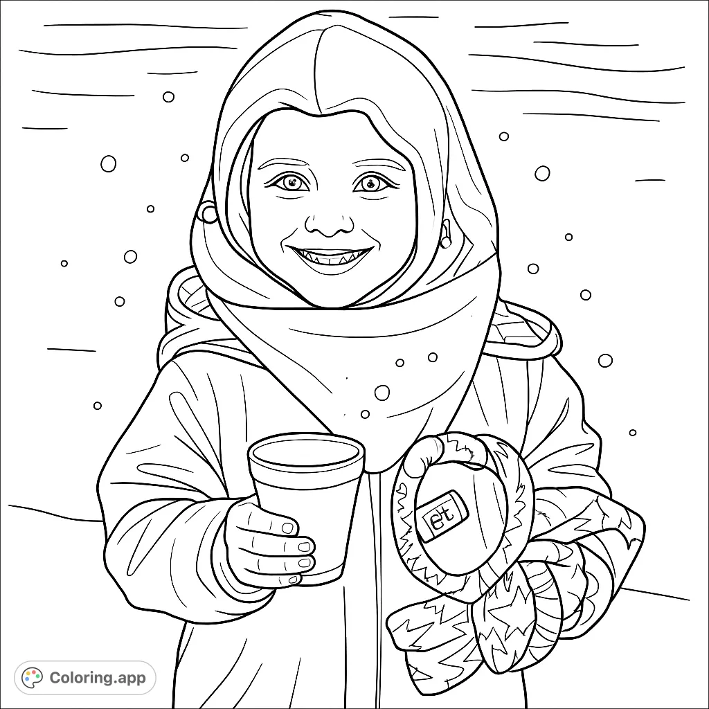 A heartwarming winter child coloring page, featuring a smiling child in warm attire holding a cup, perfect for cozy creative moments.
