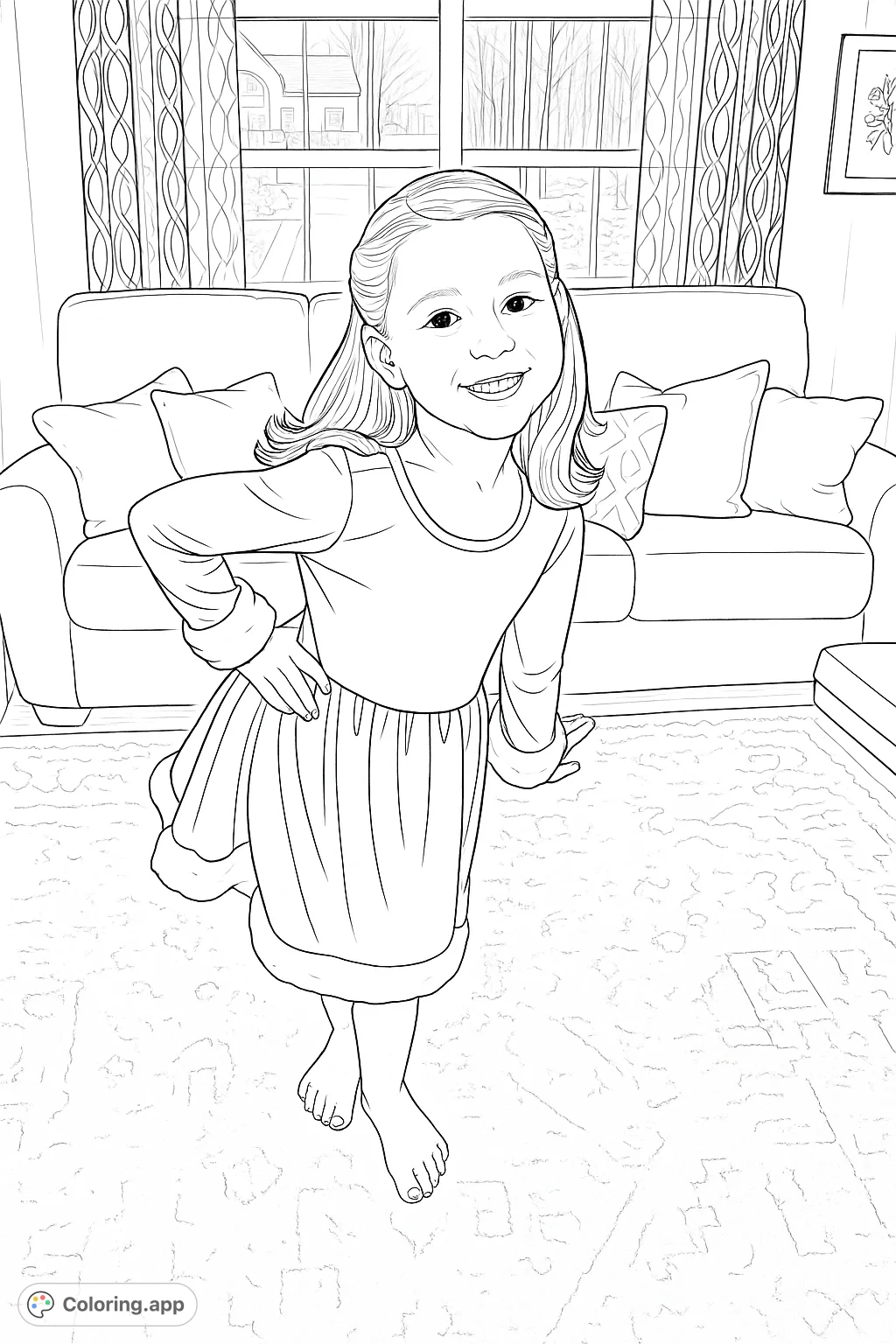 A charming young girl in a festive, fur-trimmed dress, smiling brightly. Perfect for holiday themes and creative coloring fun for all ages.