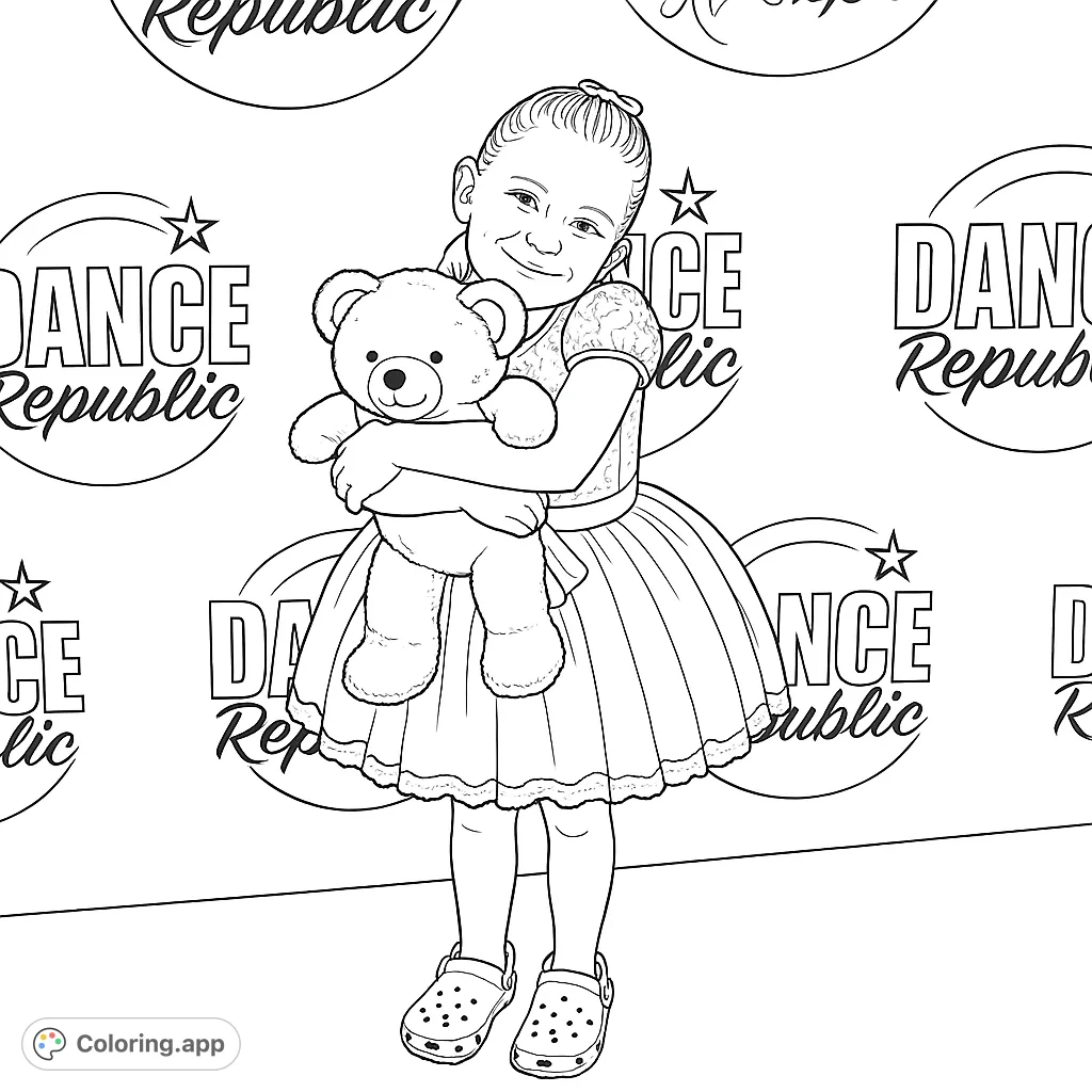 A cheerful young girl in a detailed dance costume, holding a beloved teddy bear against a studio backdrop. Perfect for kids to color and personalize!