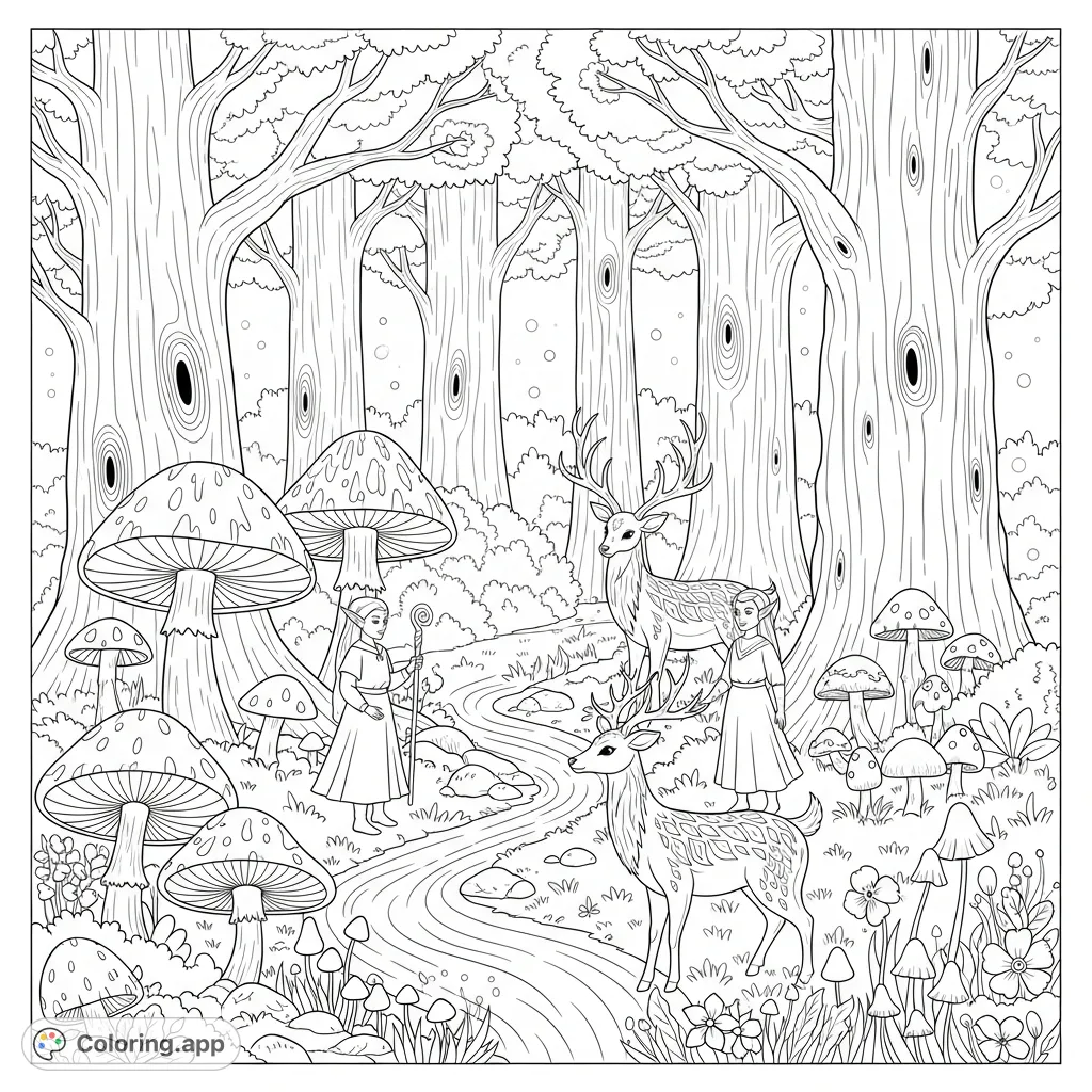 Enter an enchanted forest with graceful elves, majestic magical deer, and whimsical mushrooms, waiting for your creative touch. A mystical fantasy forest coloring page.