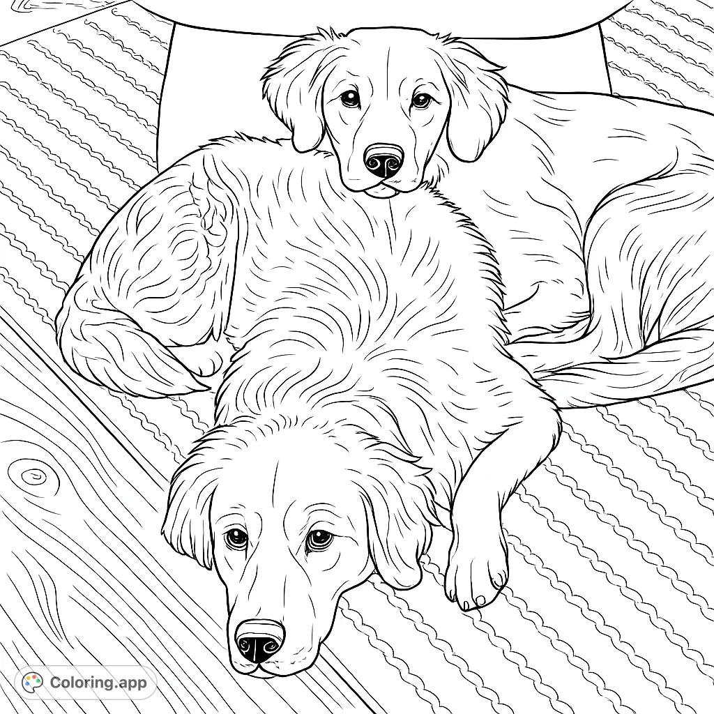 A heartwarming scene featuring two adorable dogs, one resting on the other, surrounded by a cozy home environment. Perfect for pet lovers.