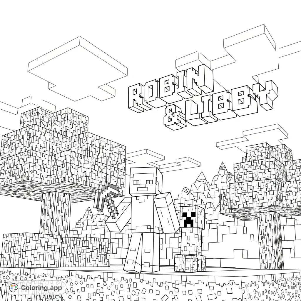 Explore a blocky Minecraft world with Steve, a Creeper, and personalized names 'Robin & Libby'. Perfect for gamers and creative adventurers.