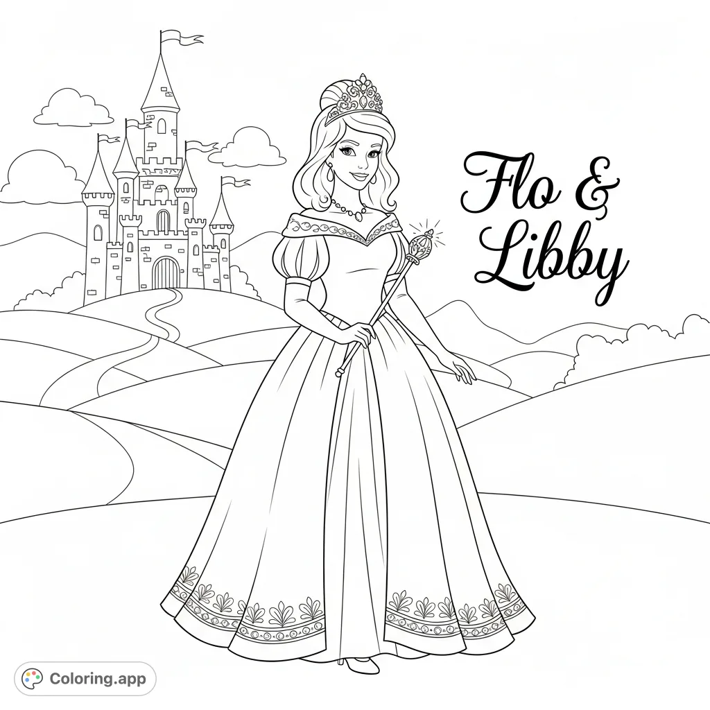 A charming princess coloring page featuring a graceful princess with a flowing gown, intricate crown, and the personalized names "Flo & Libby."