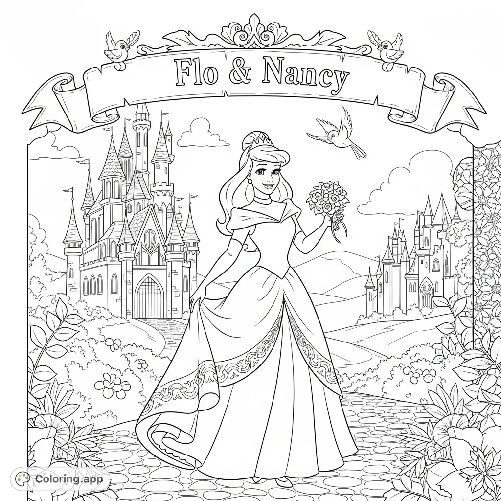 An enchanting Disney princess stands before a grand castle, holding a bouquet. Features the names 'Flo & Nancy' for a personalized touch. A magical coloring page for all.