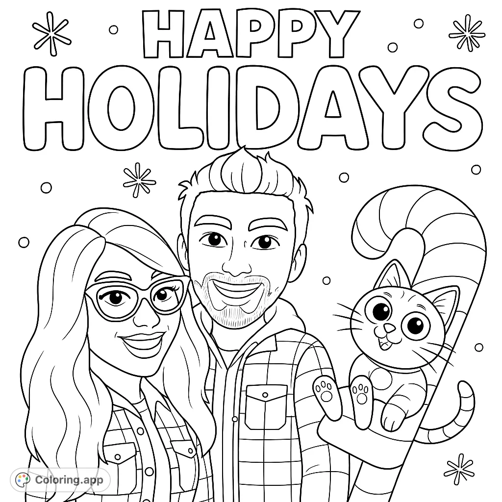 Celebrate the season with a cheerful holiday coloring page featuring two smiling figures, a playful cat, and festive candy cane. Perfect for seasonal fun!