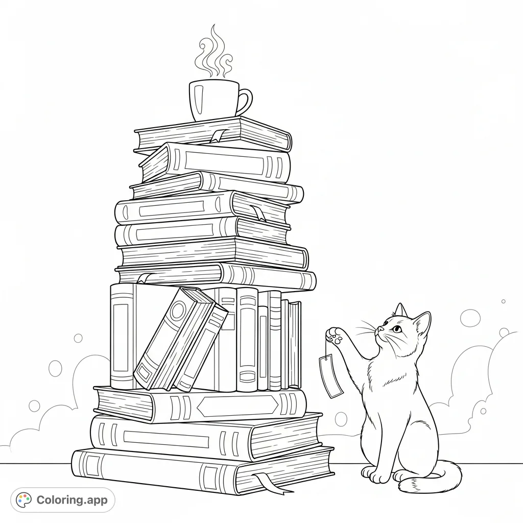Discover a charming stack of books, a steaming mug, and a playful cat trying to grab a bookmark. A delightful scene for book lovers and feline fans alike.